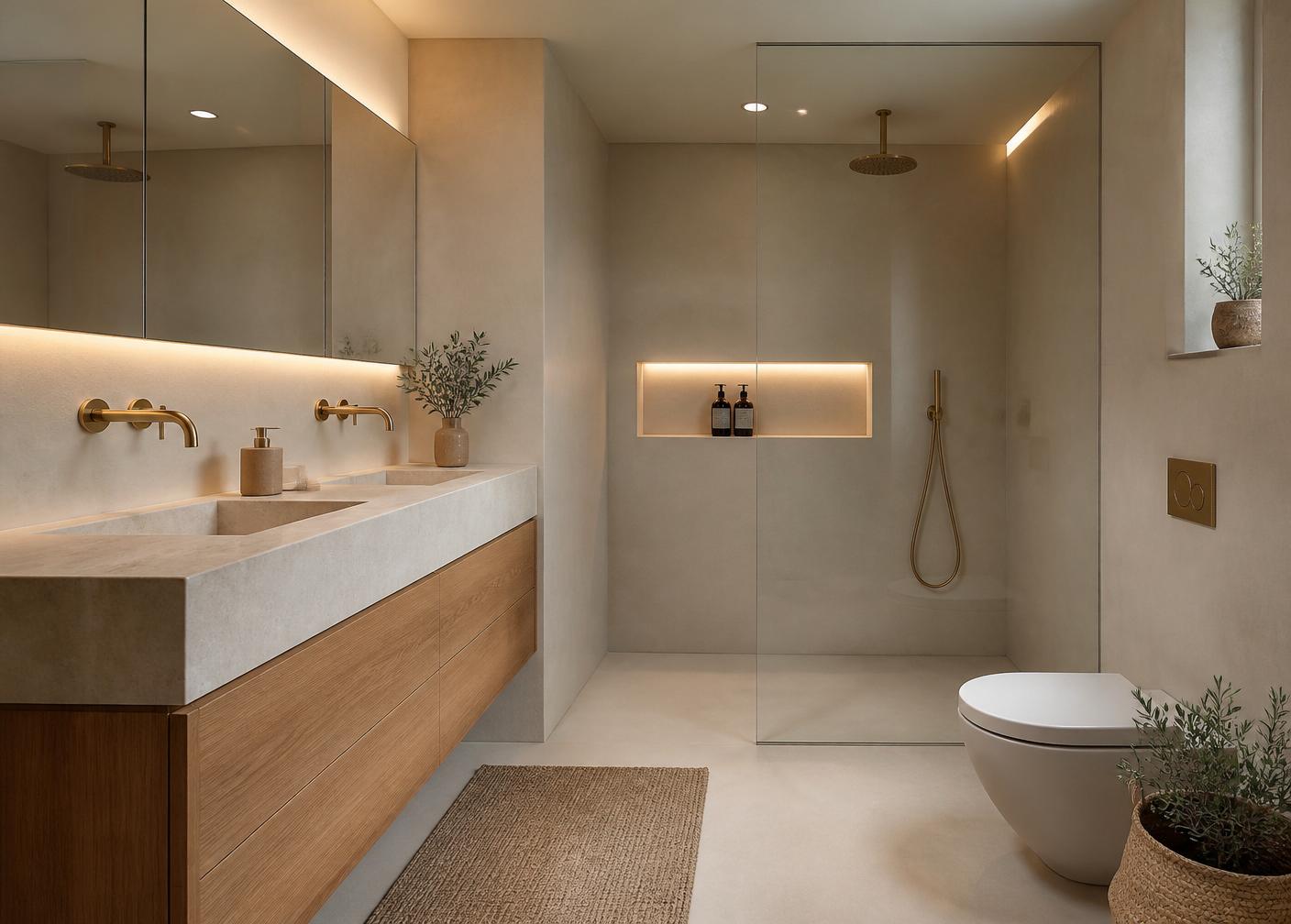 Baño reformado con microcemento, madera y latón